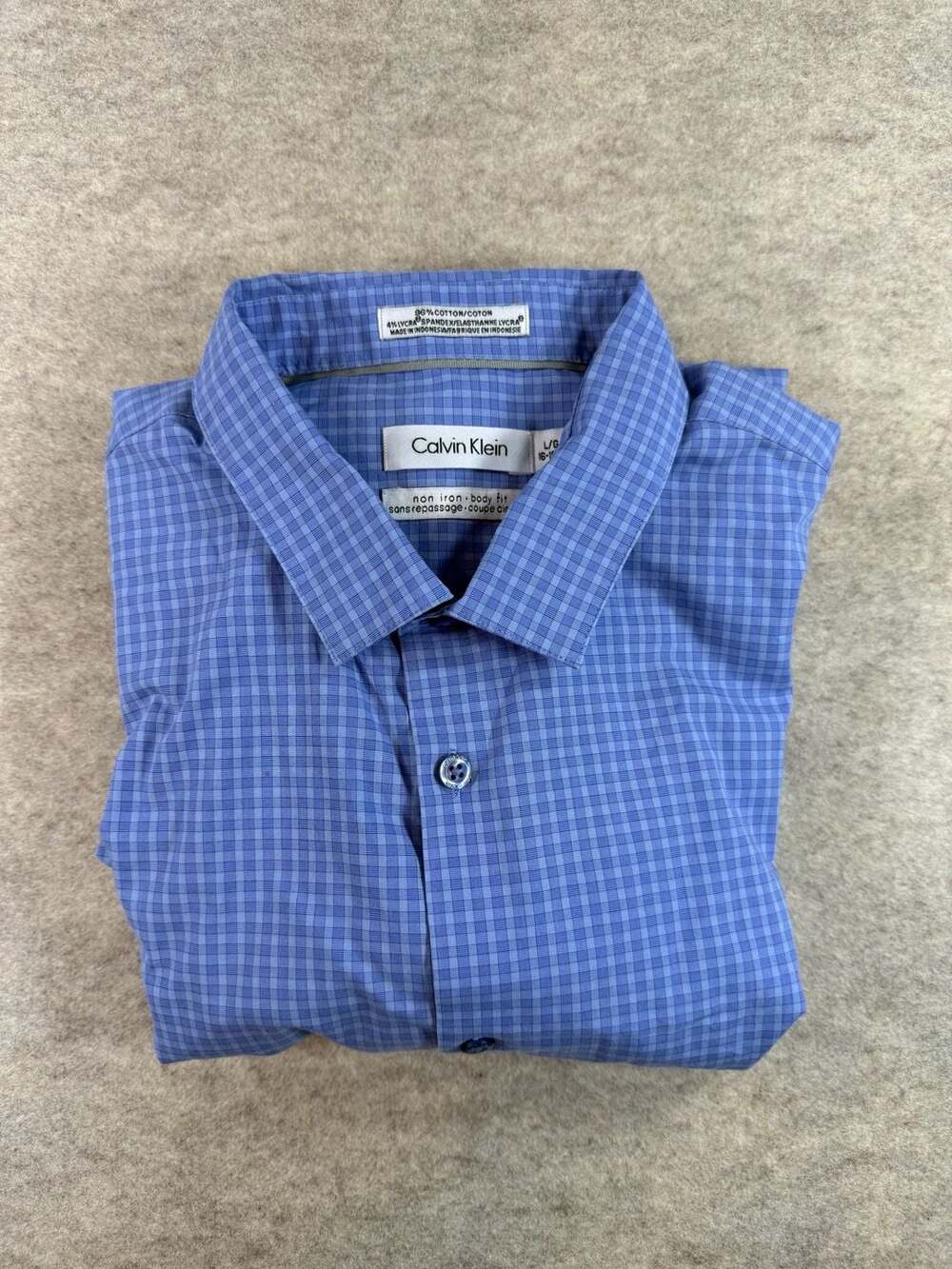 Calvin Klein Non Iron Body Fit Dress Shirt Blue Plaid Mens Large 16-16.5